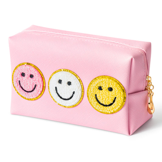 Smile Face Cosmetic Bag Pink Preppy Bag Varsity Toiletry Bag Aesthetic Waterproof Portable Cosmetic Bag Clutch Purse Zipper Bag Travel Party Makeup Bag for Women Girls