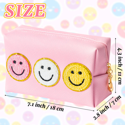 Smile Face Cosmetic Bag Pink Preppy Bag Varsity Toiletry Bag Aesthetic Waterproof Portable Cosmetic Bag Clutch Purse Zipper Bag Travel Party Makeup Bag for Women Girls